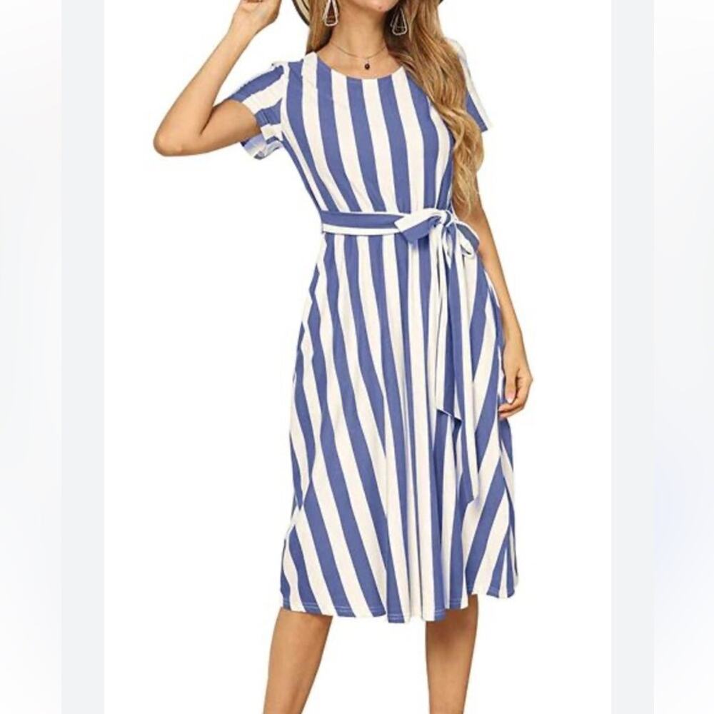 Blue & White Striped Midi Dress with Tie Waist